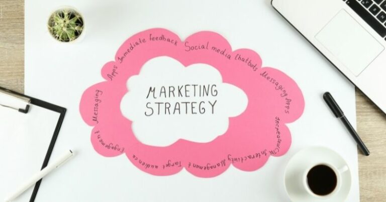 Can Digital Marketing Replace Traditional Marketing – thought cloud in the center of a desk, with the phrase marketing strategy written in the middle.
